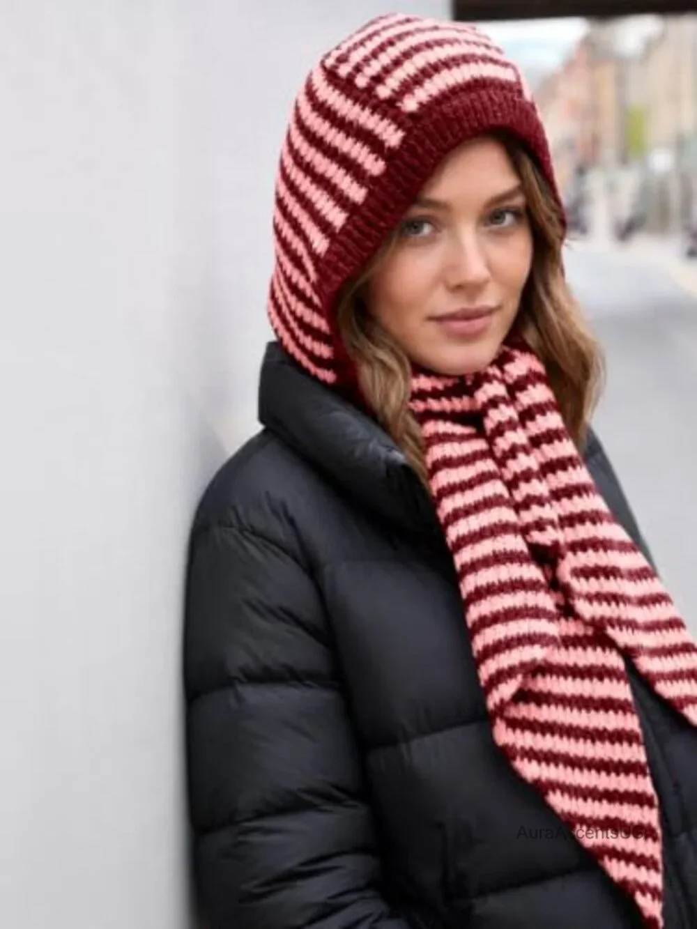 Women's Hooded Scarf Balaclava Stripe Chunky Knit Winter Neck Wrap
